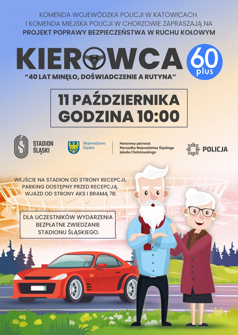zdjęcie kolorowe: plakat promujący warsztaty "Kierowca 60 PLUS - 40 lat minęło. Doświadczenie, a Rutyna ...".