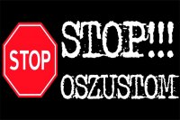 znak stop i napis STOP oszustom na czarnym tle