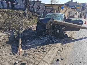 Zdjęcie przedstawia miejsce zdarzenia drogowego - uszkodzony samochód, złamane drzewo i przewróconą latarnię